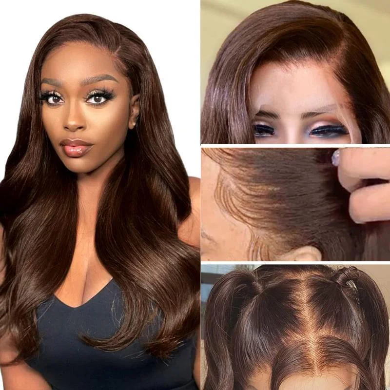 #2 Chocolate Brown Body Wave HD Transparent Lace Wig 100% Virgin Human Hair