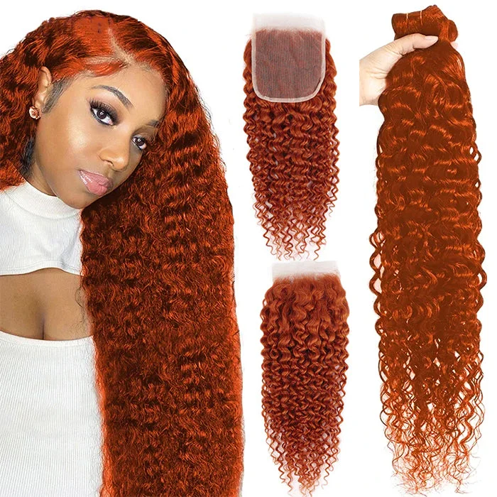 #350 Copper Red Water Wave 4 Bundles With 4X4 Lace Closure 100% Human Hair