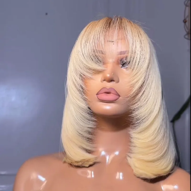 613 Blonde Straight Layered Lace Wig With Curtain Bang