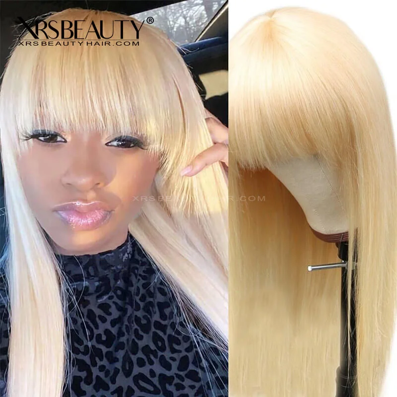 613 Blonde Wig with Bangs Long Straight Human Hair Lace Front Wig [CFW04]