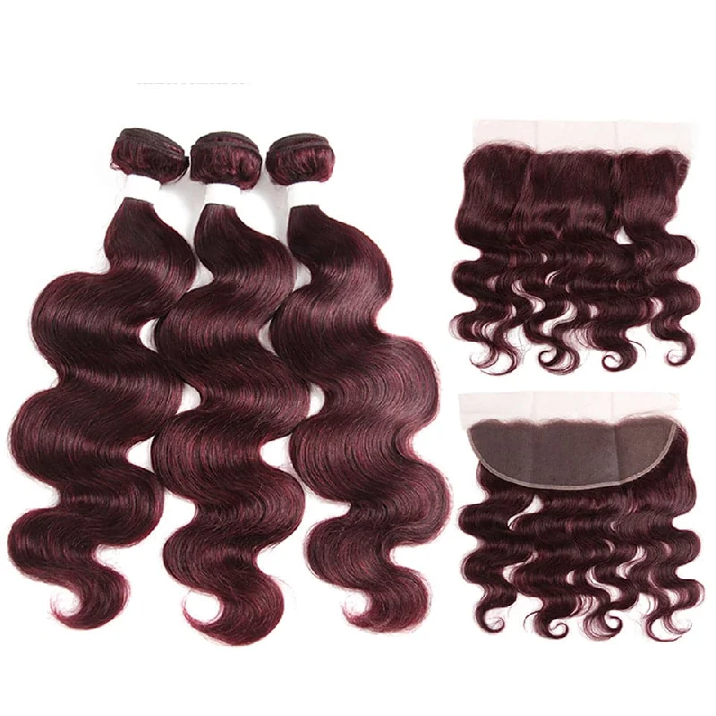 99J Burgundy Body Wave 3 Bundles With 13x4 Lace Frontal 100% Virgin Human Hair