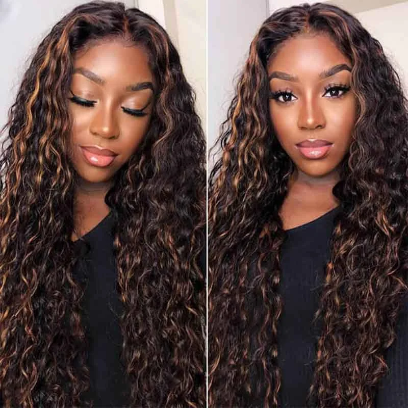 Alibonnie Brown Black Color 360 Lace Water Wave Wigs 1B/30 Highlight Transparent  Wigs  Human Hair Colored Wigs