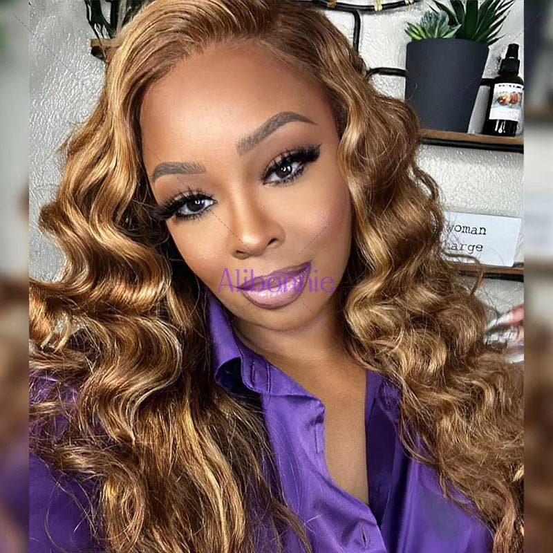 Alibonnie Colored 4/27 Highlight Body Wave Human Hair Transparent 360 Lace Frontal Wigs