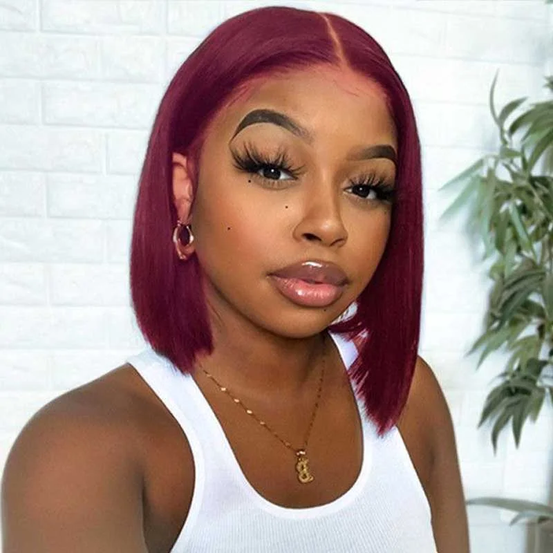 Alibonnie Hair Burgundy 99J Short Bob Wigs Silk Straight 4x4 13x4 Lace Closure Wigs For Women