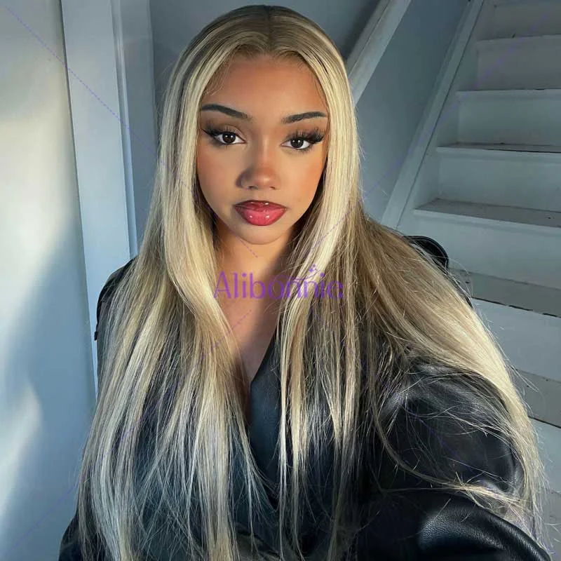 Alibonnie Straight Lace Front Wigs Balayage Highlight Brown Mix Blonde 613 Color 13x4 Lace Wigs 180% Density