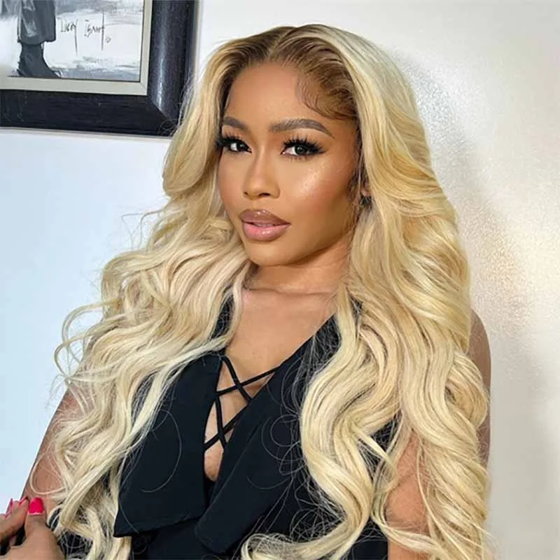 Alibonnie T4/613 Blonde Body Wave 13x4 Lace Front Wigs Ombre Brown Roots Human Hair Wigs