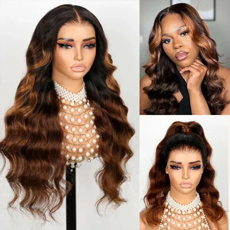 Alibonnie Upgrade Black Ombre Brown 3D Body Wave Wigs Invisi-Strap 360 Lace Wig With Bleached Knots 200% Density