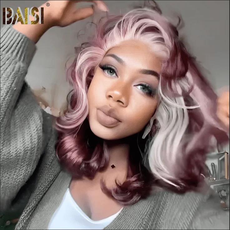 BAISI Wine Color With Blonde Highlight Lace Wavy Wig