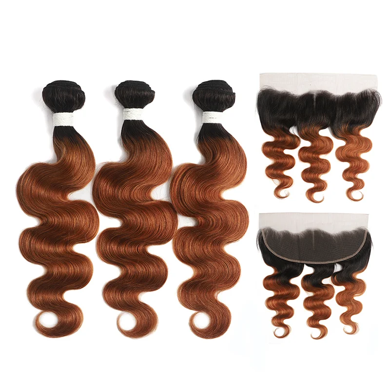 Black Roots Medium Auburn Body Wave 3 Bundles With 13x4 Lace Frontal 100% Human Hair