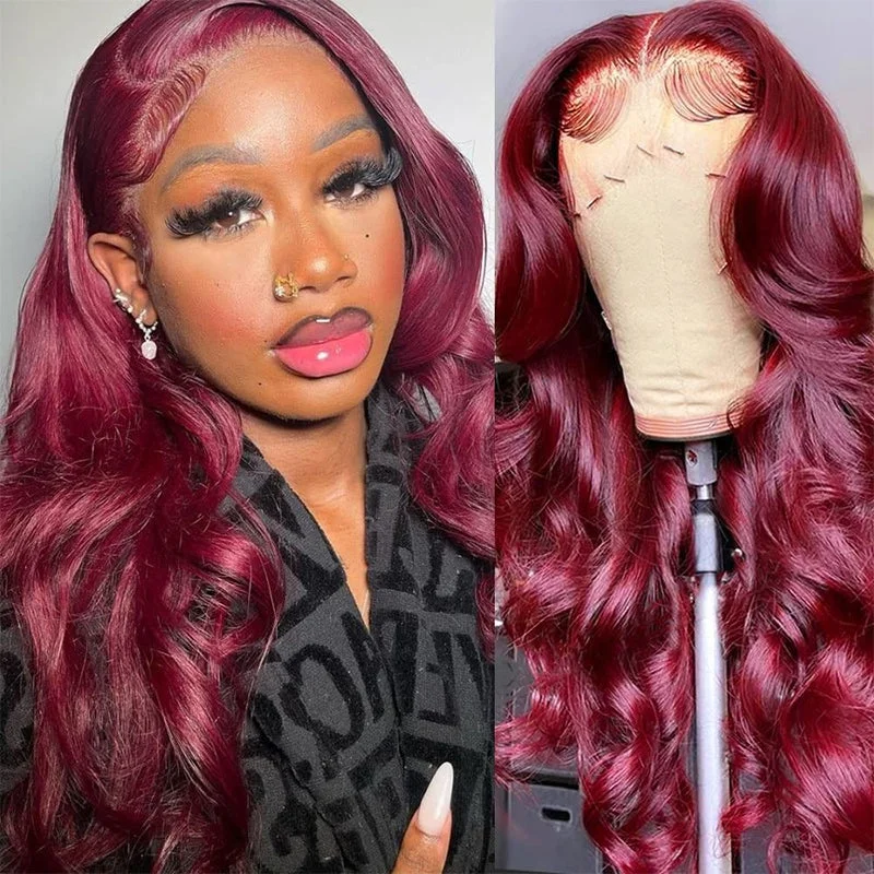 Bleached Knots Wig Body Wave Hair Glueless Wear And Go Wigs #99J Burgundy Color Upgrade 8x5 Pre Cut HD Lace Closure Wigs