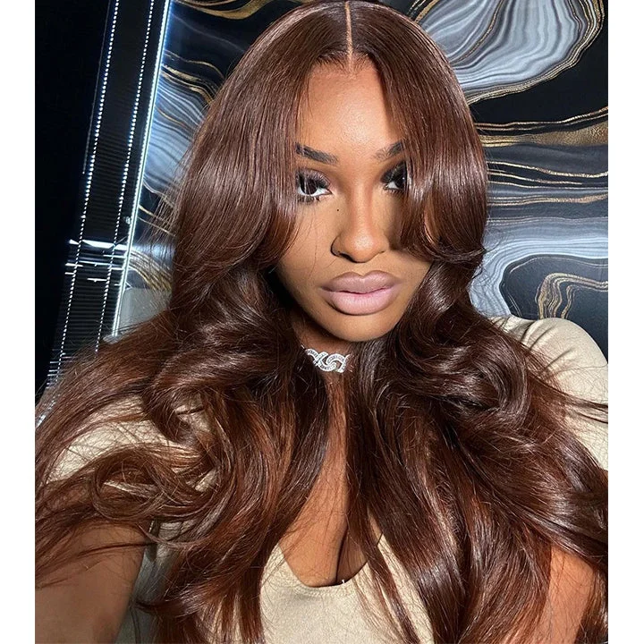 Chocolate Brown Body Wave Wig With Curtain Bangs 13x5 Pre Cut Lace Human Hair Wigs