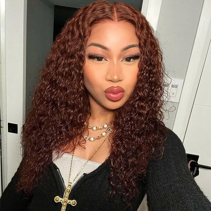 Copper Brown Water Curl 5x6 Pre Cut Lace Wig Pre-plucked Human Hair