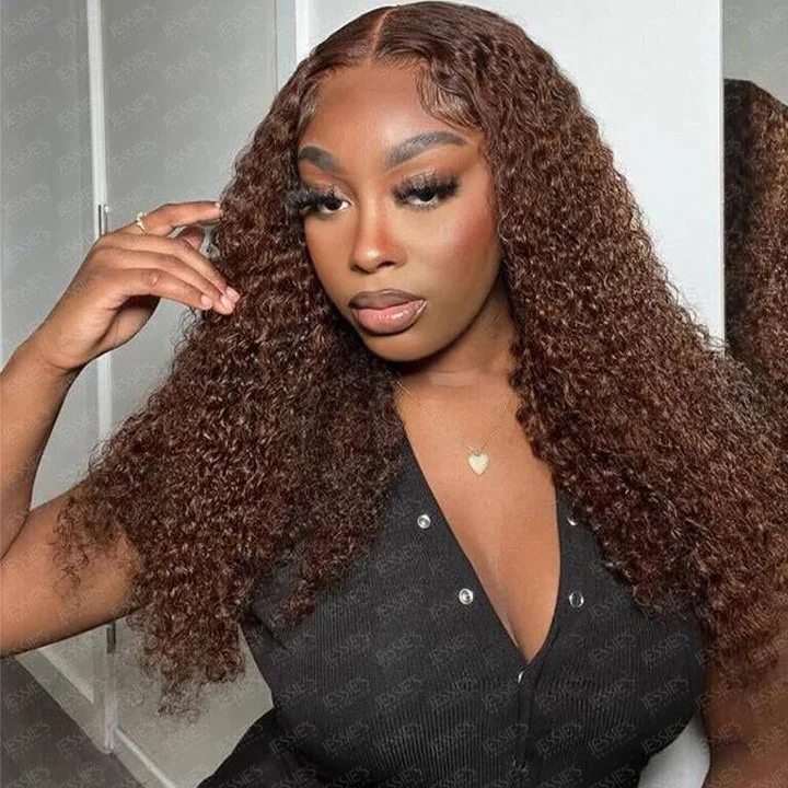 Dark Brown Curly Glueless 13x4 Lace Frontal Wig Preplucked Glueless Human Hair Wig