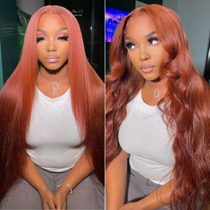 Glueless 13x4 & 5x8 Invisible Lace Wigs #32 Orange Ginger Color Wigs Straight/Body Wave 3D Dome Cap Wigs Bleached Knots