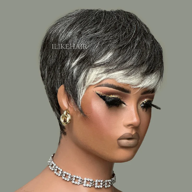 Glueless Salt & Pepper Layered Pixie Cut Wig With Bangs