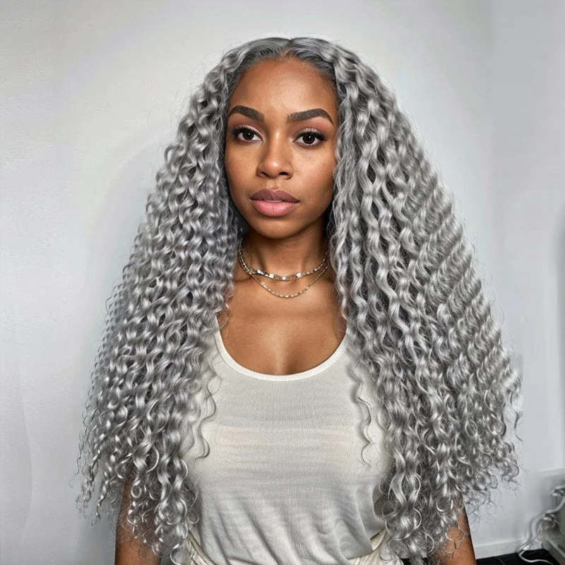 Salt And Pepper 13x4 Lace Front Wig Deep Curly 100% Human Hair Wigs