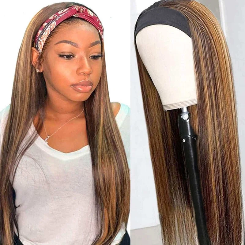 #4/27 Piano Color Straight Glueless Headband Highlight Wig 100% Virgin Human Hair