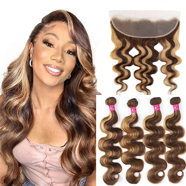 Highlight P4/27 Body Wave 4 Bundles With 13x4 Transparent Lace Frontal100% Real Human Hair