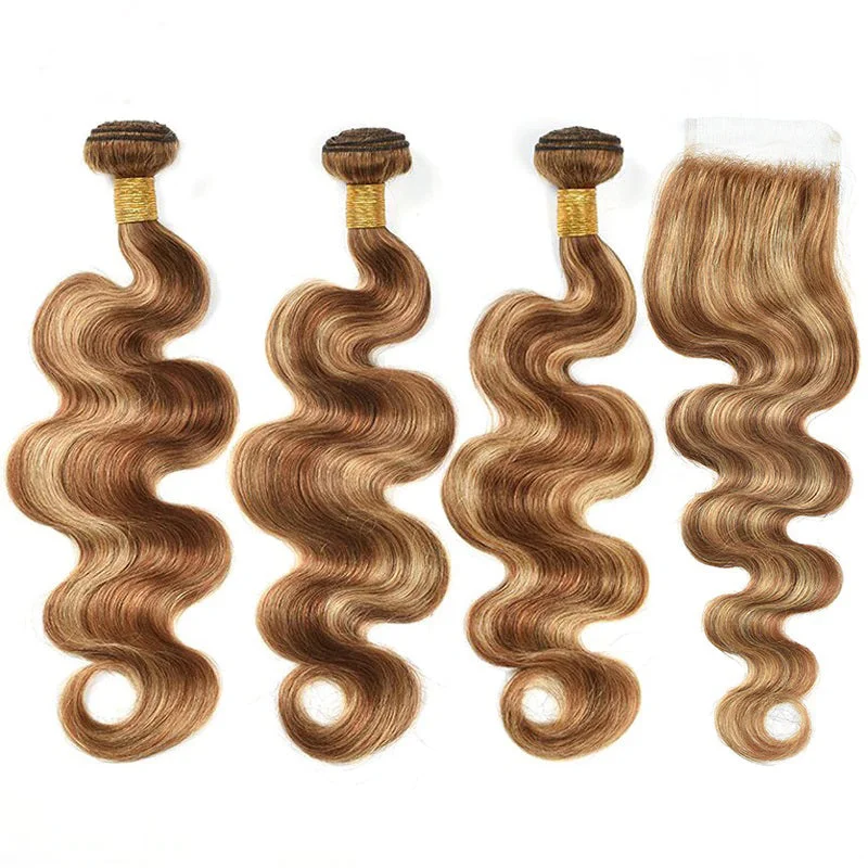 Highlight P4/27 Ombre Body Wave 3 Bundles With 4X4 Lace Closure 100% Real Human Hair