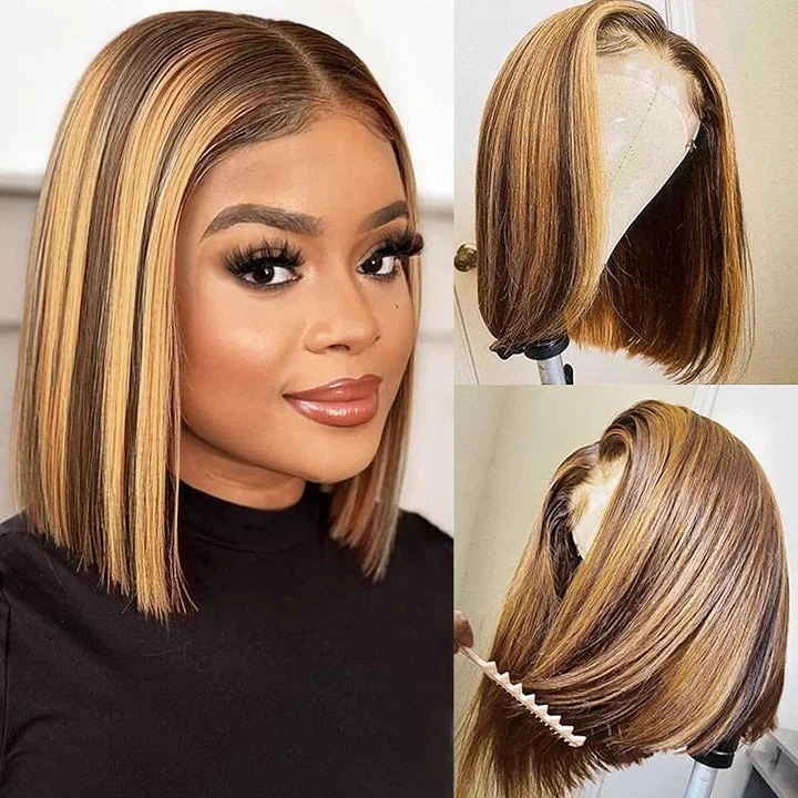 Highlights Honey Brown P4/27 Straight 7x5 Lace Bob Glueless Wig Human Hair