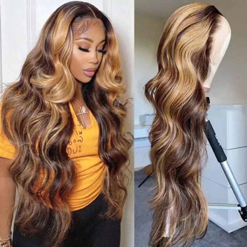 Honey Blonde Highlight Body Wave 13x4 Lace Front Wigs 100% Virgin Human Hair Wigs