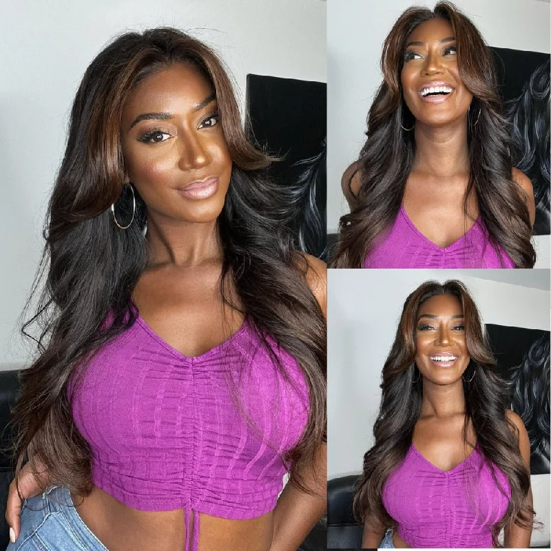 Rich Honey Brown Ombre with Long Layered Curtain Bangs Lace Wig