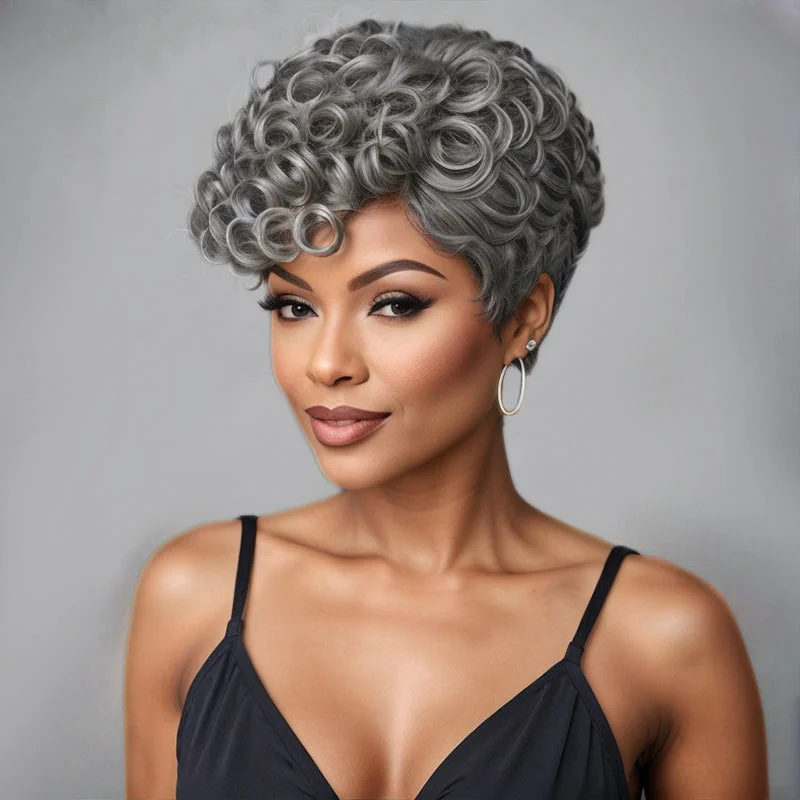 Linktohair Salt And Pepper Glueless Short Wave Wigs With Bangs Human Hair