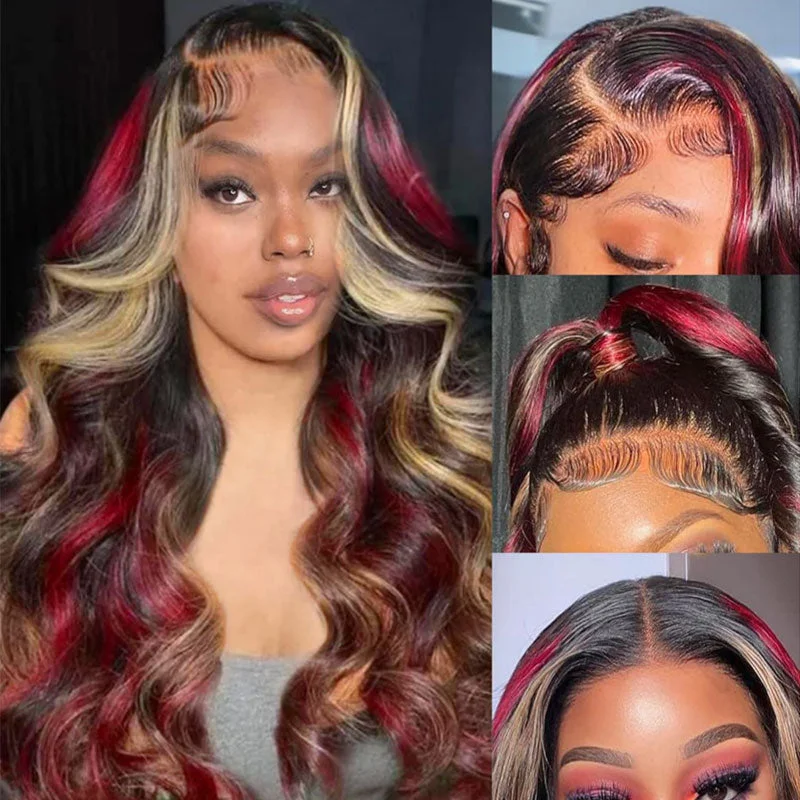 Loose Wave Mixing Colors Highlight Wigs Deep Wave 5x8/13x4 HD Lace Wigs Black With Blonde Red Streaks Natural Hair Wig