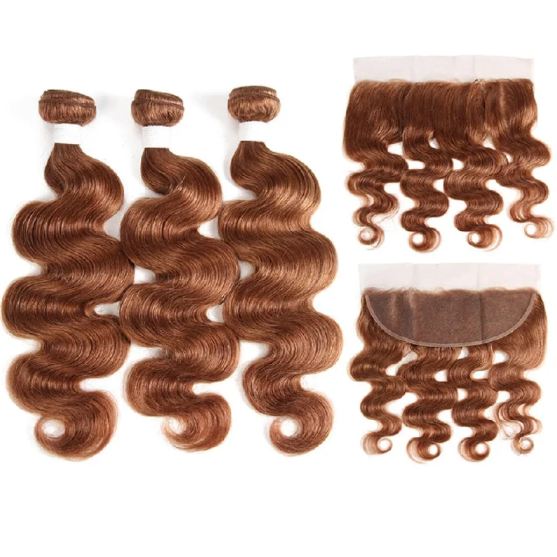 #30 Medium Auburn body wave 3 Bundles With 13x4 Lace Frontal 100% Human Hair