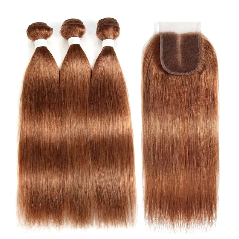 #30 Medium Auburn Straight 3 Bundles With 13x4 Lace Frontal 100% Human Hair