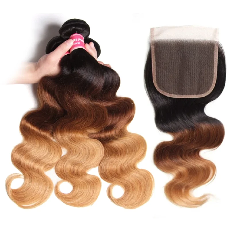 Ombre 1b/4/27 3 Tones Body Wave 3 Bundles with 4X4 lace Closure 100% Real Human Hair