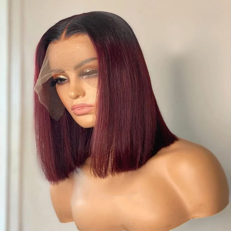 Ombre T1B/99J Burgundy Short Straight Bob HD Transparent Lace Wig 100% Virgin Human Hair