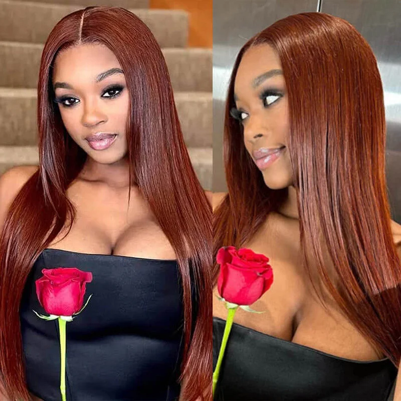 Pre Cut 8x5 HD Lace Wigs Wear & Go Wig Straight Hair #33 Reddish Brown Color