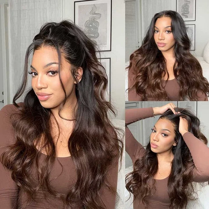 Pre Cut Lace Glueless Body Wave Ombre Chocolate Brown 13x5 Frontal Lace Wig Human Hair