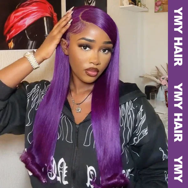 Purple 13x4 Colored HD Lace Front Wigs Long Straight Hair or Body Wave 5x8 Closure Wigs 3D Dome Cap Bleached Knots