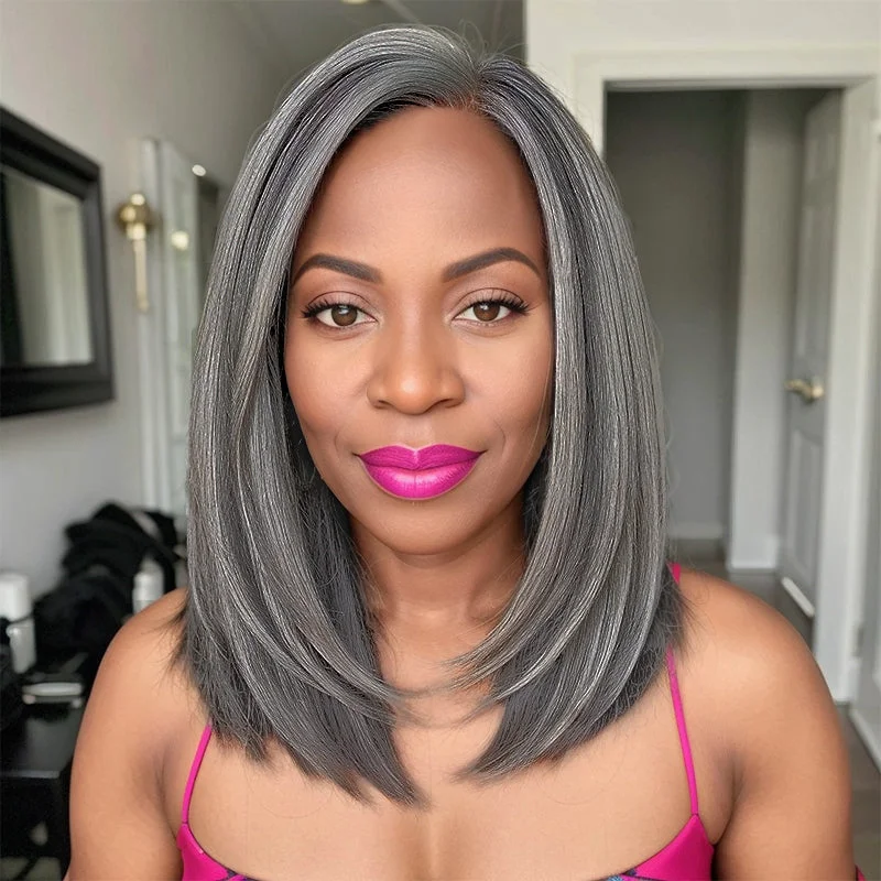 Put On and Go Salt And Pepper Kinky Straight 5x5 Closure Wig Glueless Human Hair Wigs