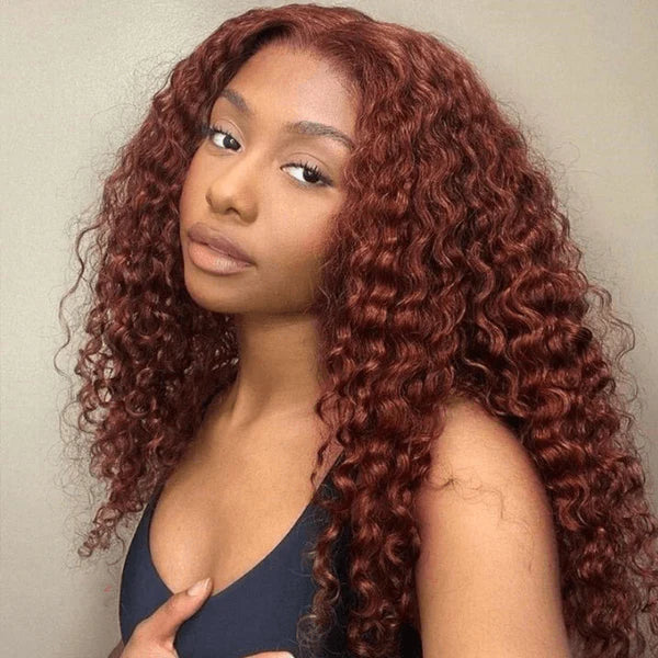 Reddish Brown Deep Wave 13x4 Real HD Lace Frontal Wigs Pre Plucked Human Hair