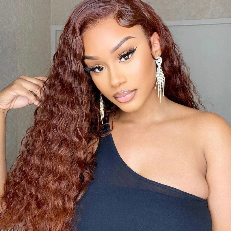 Reddish Brown Water Wave 13x4 Pre Plucked Real HD Lace Frontal Wigs Human Hair