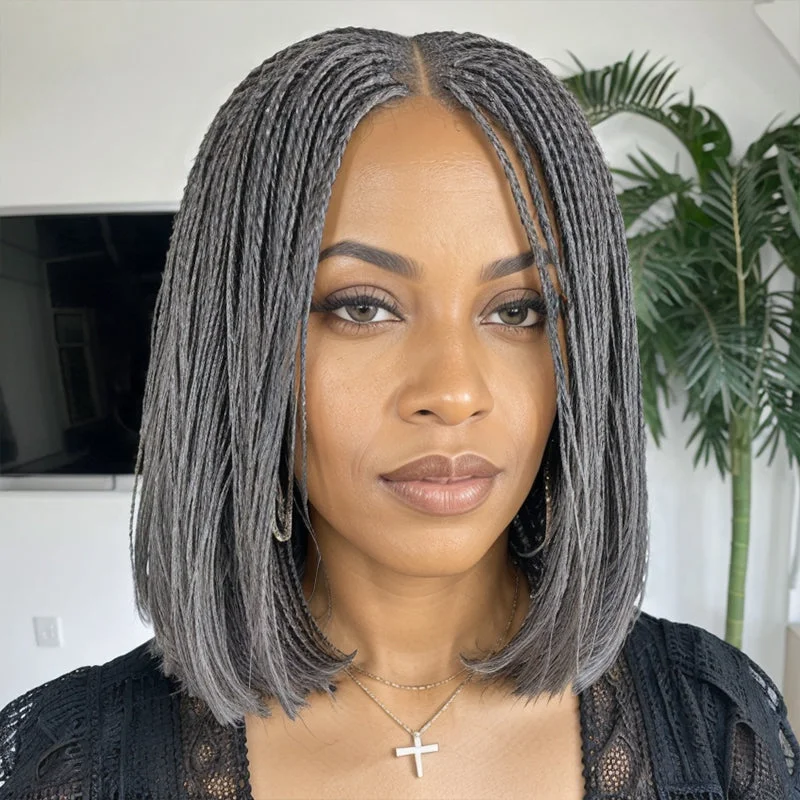 LinktoHair Salt And Pepper Braided Twists Hairstyles Short Wigs for Black Women