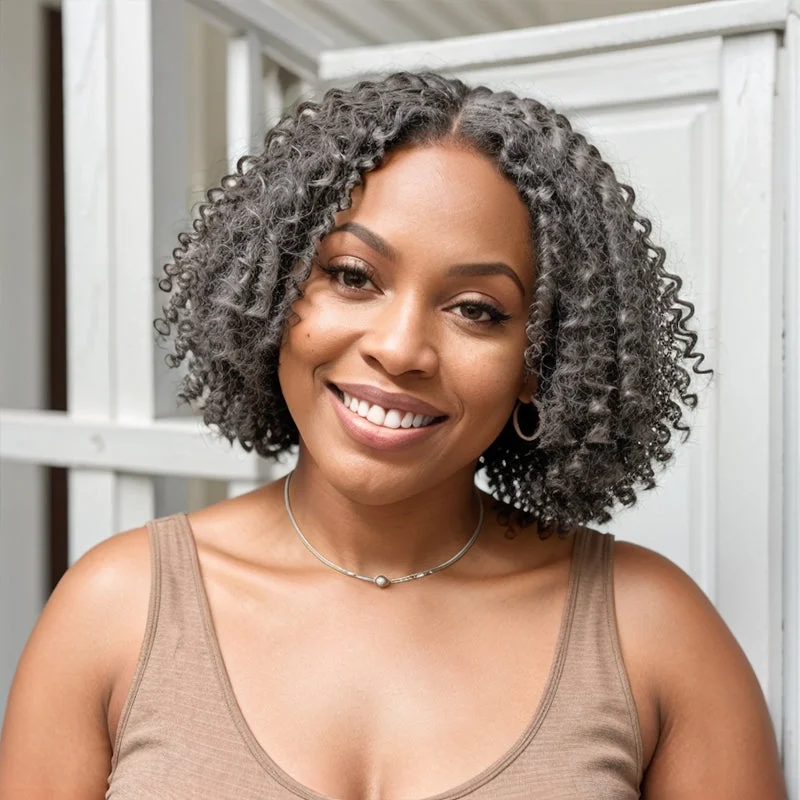 Salt And Pepper Glueless Finger Coiling Curls With Kinky Edges 5x5 Pre-cut Lace Short Bob Wigs