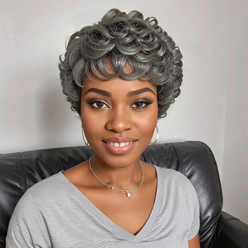 Salt And Pepper Glueless Short Chic Curly Wig With Swept Bangs 100% Human Hair Wigs