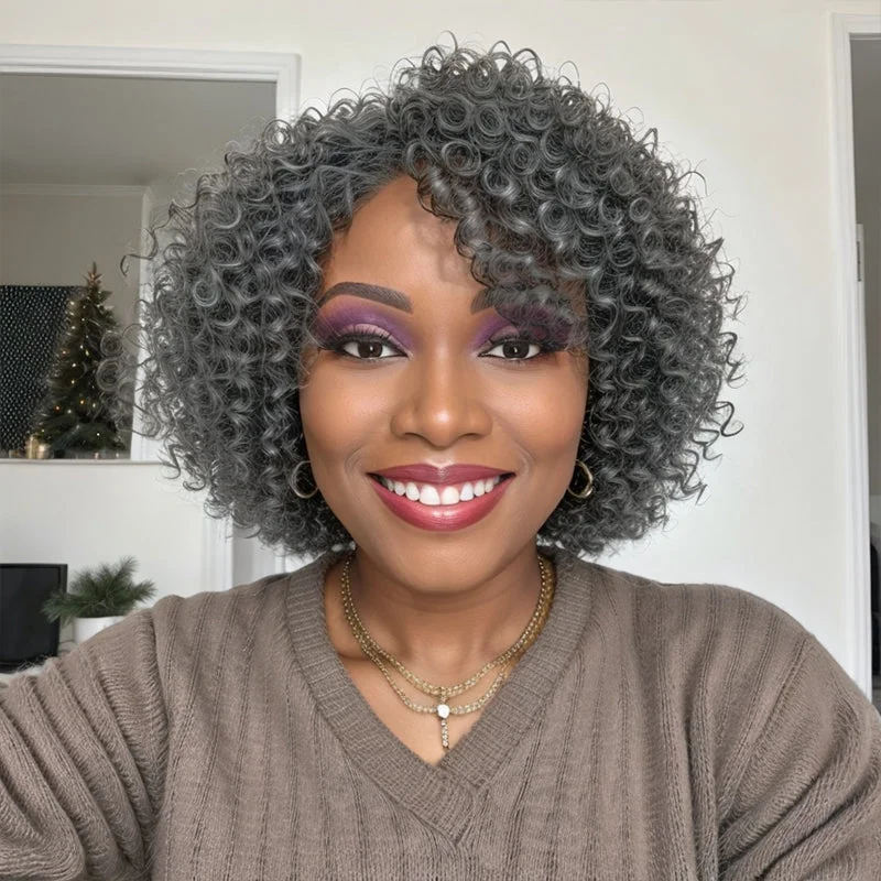 Salt And Pepper Kinky Curly Glueless Bob Wigs With Bangs 100% Human Hair