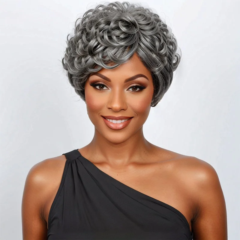 Salt And Pepper Short Pixie Cut Glueless Wig With Bangs 100% Human Hair