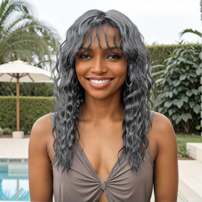 Salt And Pepper Wavy Curly Wig with Bangs 100% Human Hair Wigs Ready & Go