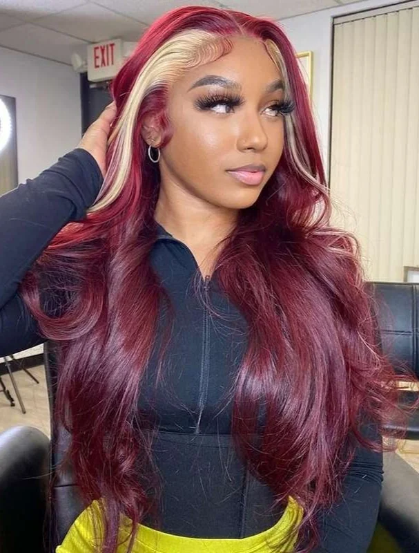 Simidola Red Wine & Blonde Skunk Stripe Lace Front Wig