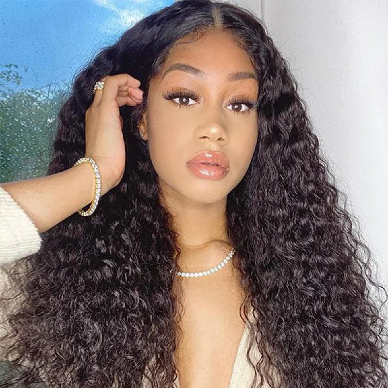 Water Wave 4×4 Standard Lace Closure Wig Human Hair Natural Black Wigs