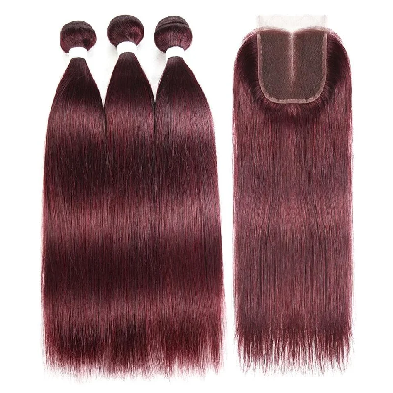 Wine Red Burgundy Straight Hair 3 Bundles With Closure 4x4 Colored 100% virgin human hair