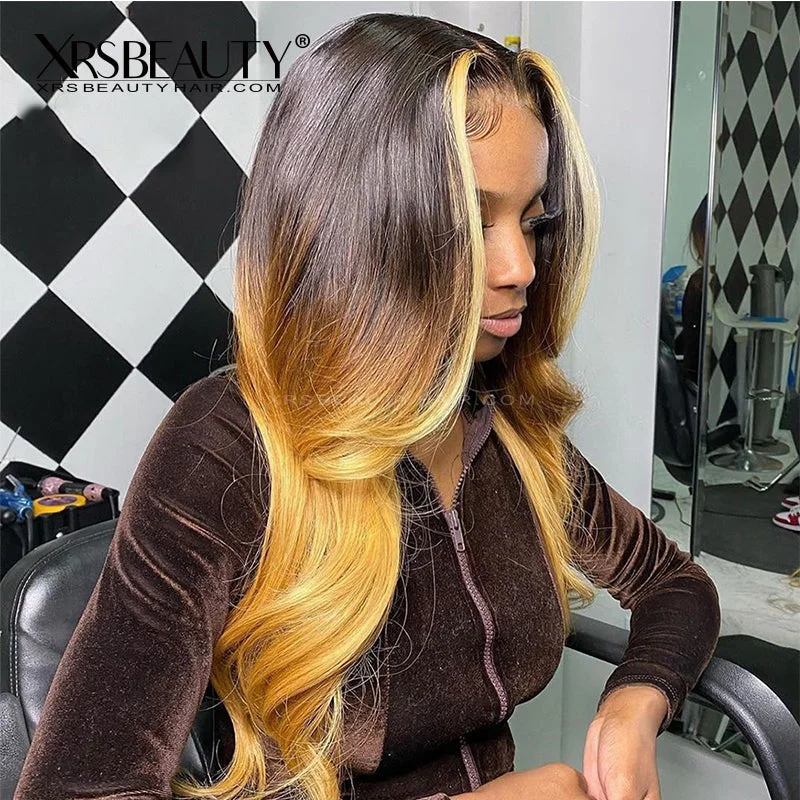 Yellow Orange Ombre Hair With Money Piece Highlights Body Wave Front Lace Human Hair Wig [CFW30]