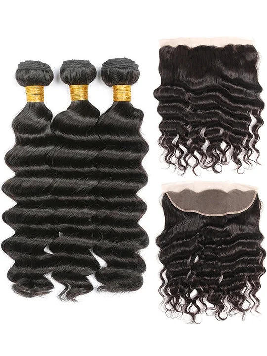 13*4 HD Lace Frontal With Bundles Loose Deep Wave 12A Brazilian Virgin Hair Weave