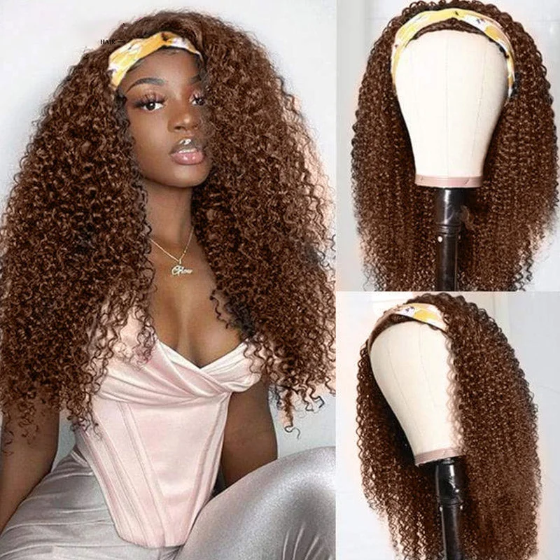 #4 Brown Kinky Curly Headband Human Hair Wigs Full Machine Made Wig None Lace